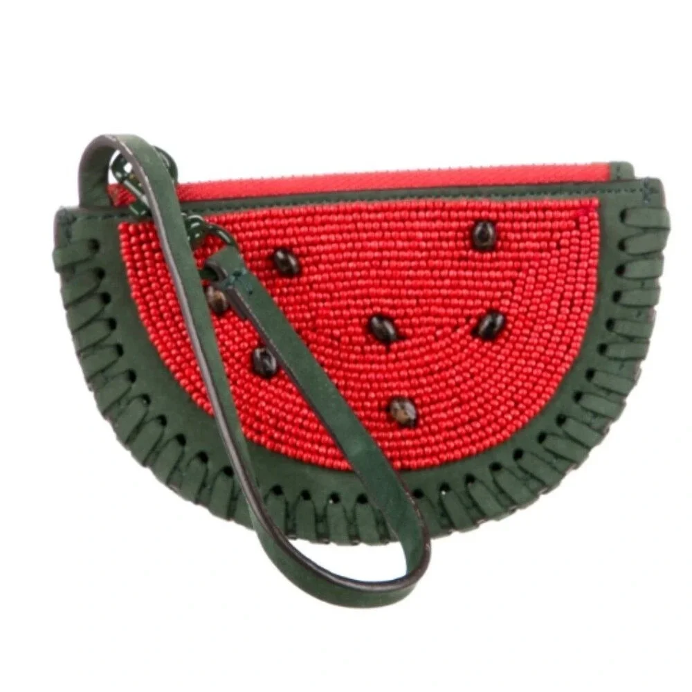 Tory Burch Beaded Watermelon Nubuck Leather Coin Purse Pouch Wristlet